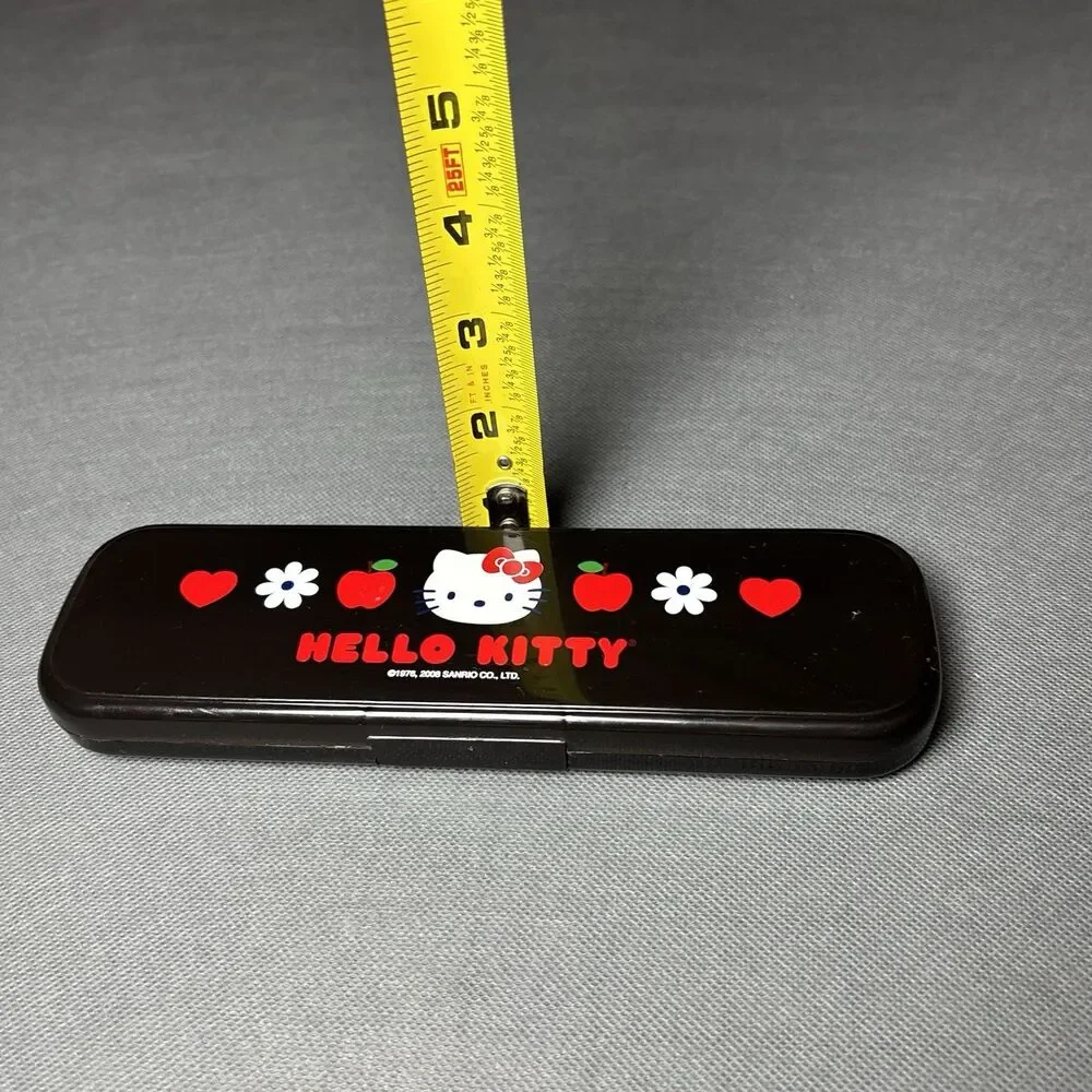 Sanrio Hello Kitty Pencil Case 2008 Black W/Red Apple Heart White Flower-Plastic